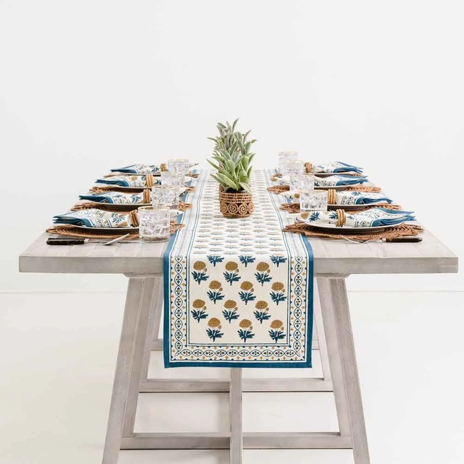 Dining Table Runner | Teal Blue & Mustard Floral Print | Cotton | 12x72 Inches