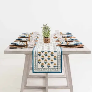 Dining Table Runner | Teal Blue & Mustard Floral Print | Cotton | 12x72 Inches