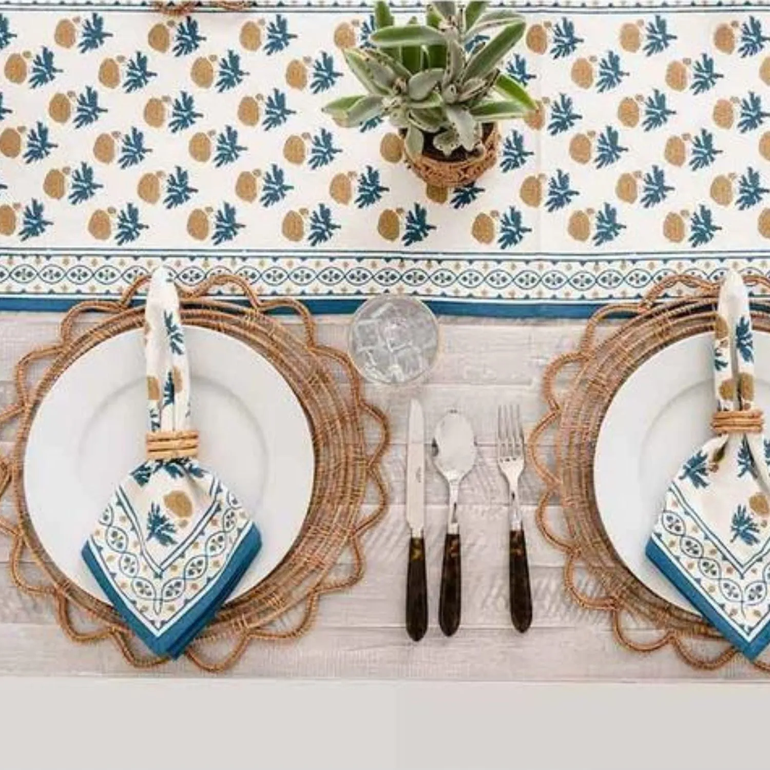 Dining Table Runner | Teal Blue & Mustard Floral Print | Cotton | 12x72 Inches