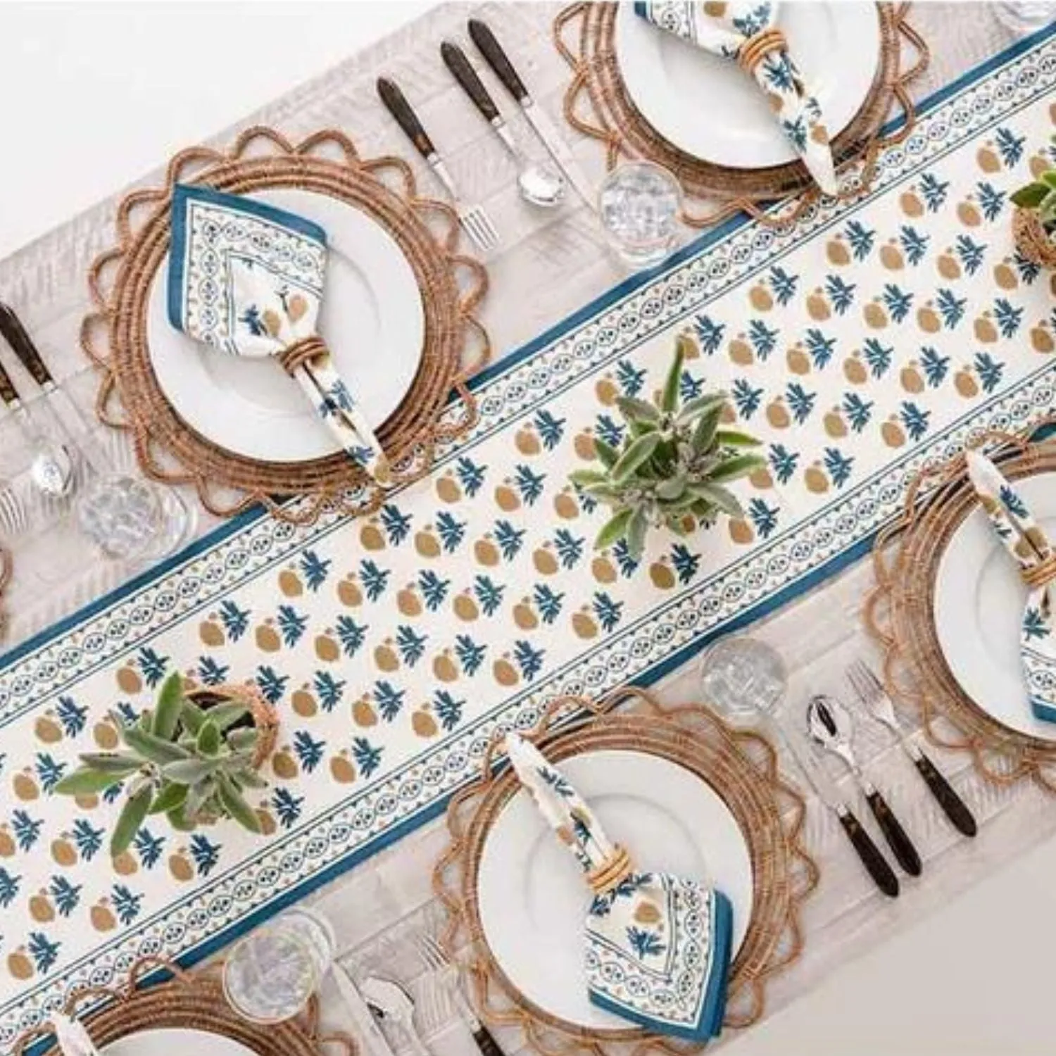 Dining Table Runner | Teal Blue & Mustard Floral Print | Cotton | 12x72 Inches