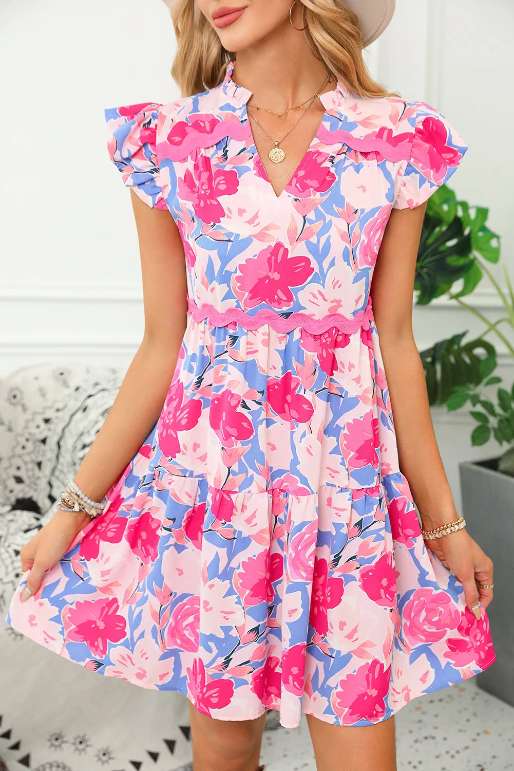 Flutter Sleeve V-Neck Floral Print Mini Dress
