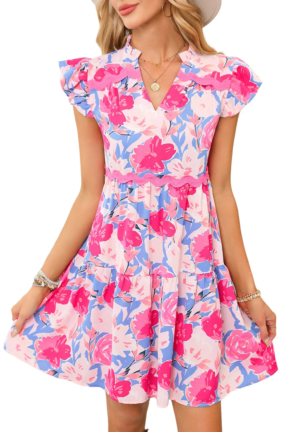 Flutter Sleeve V-Neck Floral Print Mini Dress