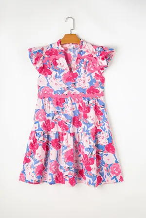 Flutter Sleeve V-Neck Floral Print Mini Dress