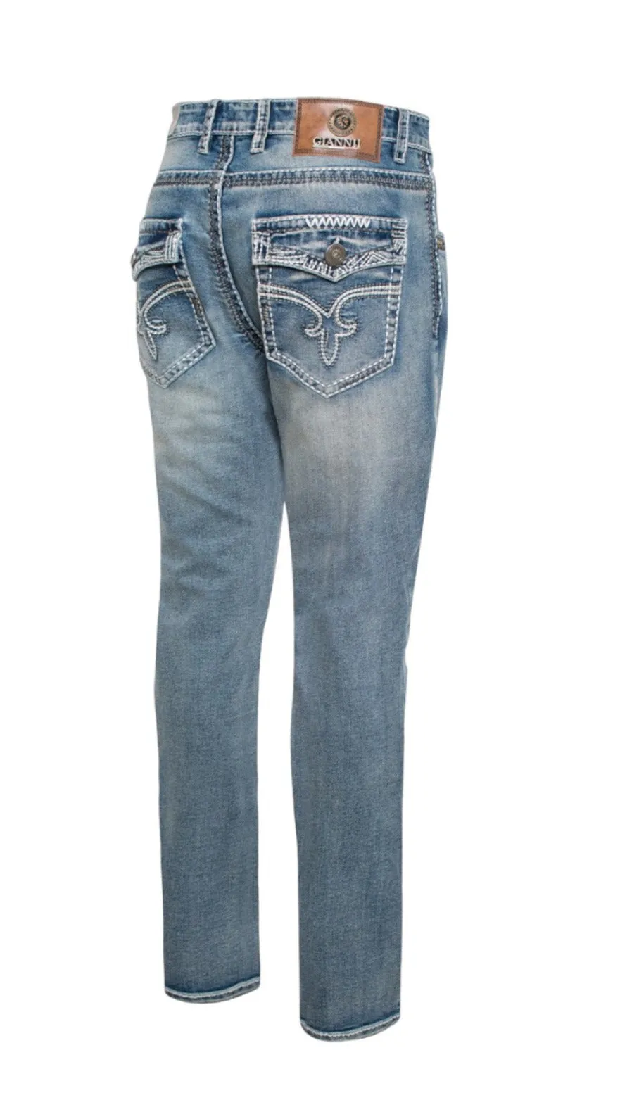 Giannii Acid Blue Men Slim-Fit Jeans Flap Pockets and Stitches