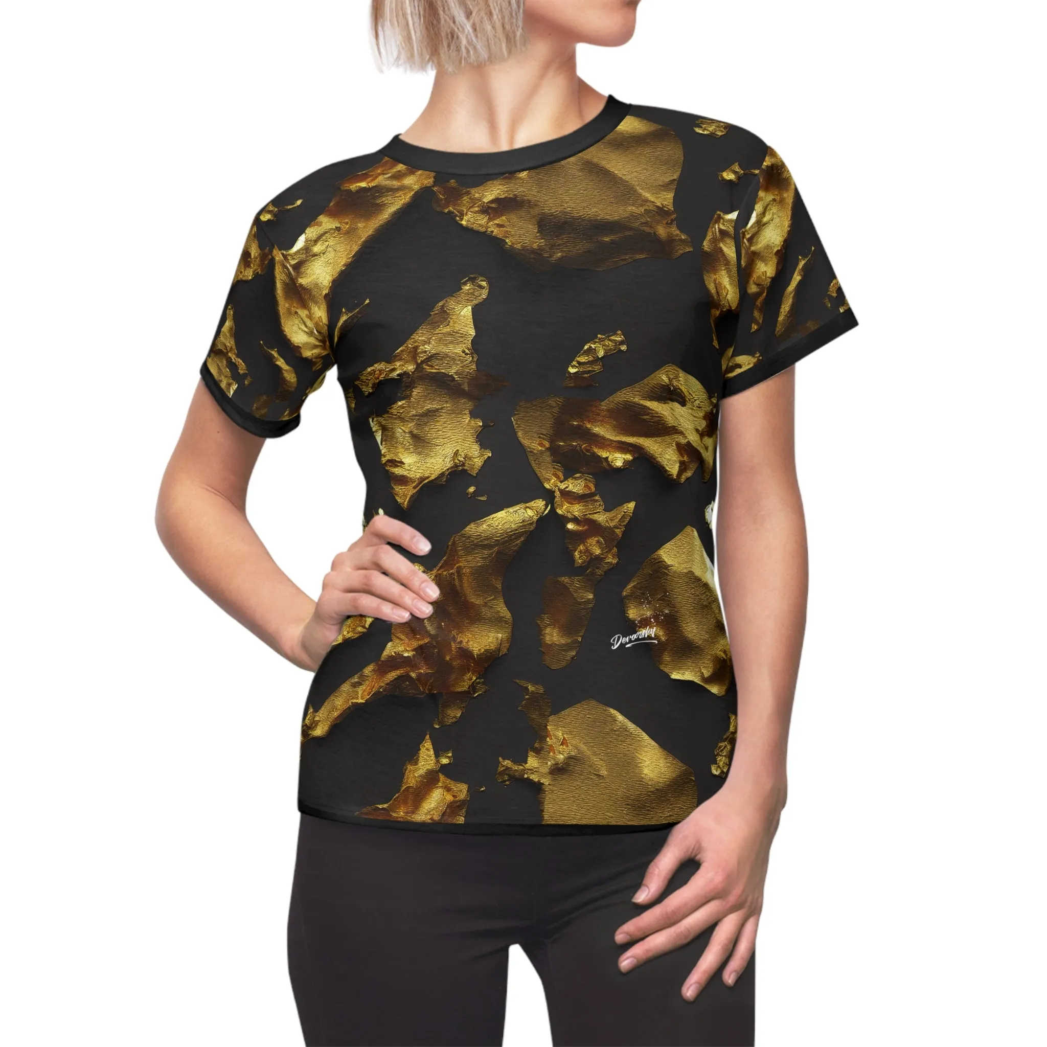 Gold Pattern T-Shirt Unisex All Over Print Tee Gold Foil Print T-Shirt Unisex Black and Gold Tee | X3339A