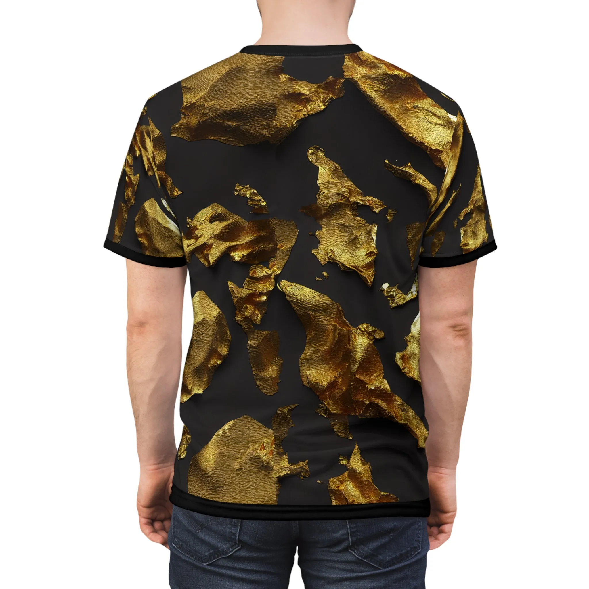 Gold Pattern T-Shirt Unisex All Over Print Tee Gold Foil Print T-Shirt Unisex Black and Gold Tee | X3339A
