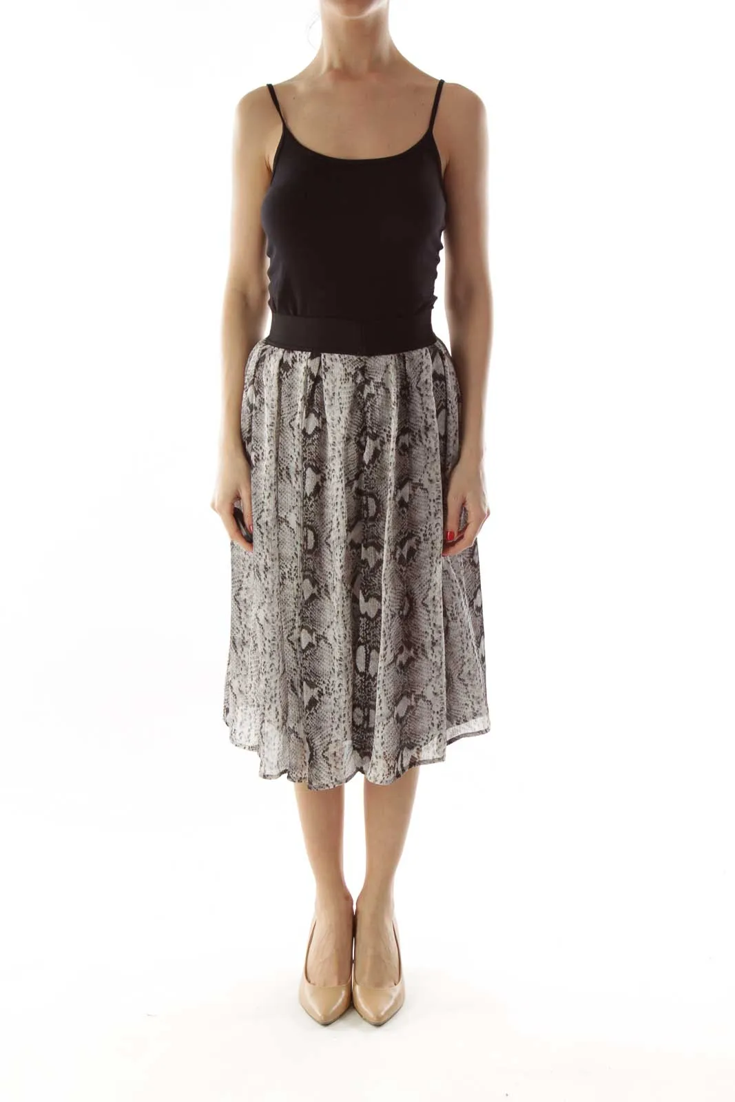 Gray Black Snake Skin Print Pleated Skirt