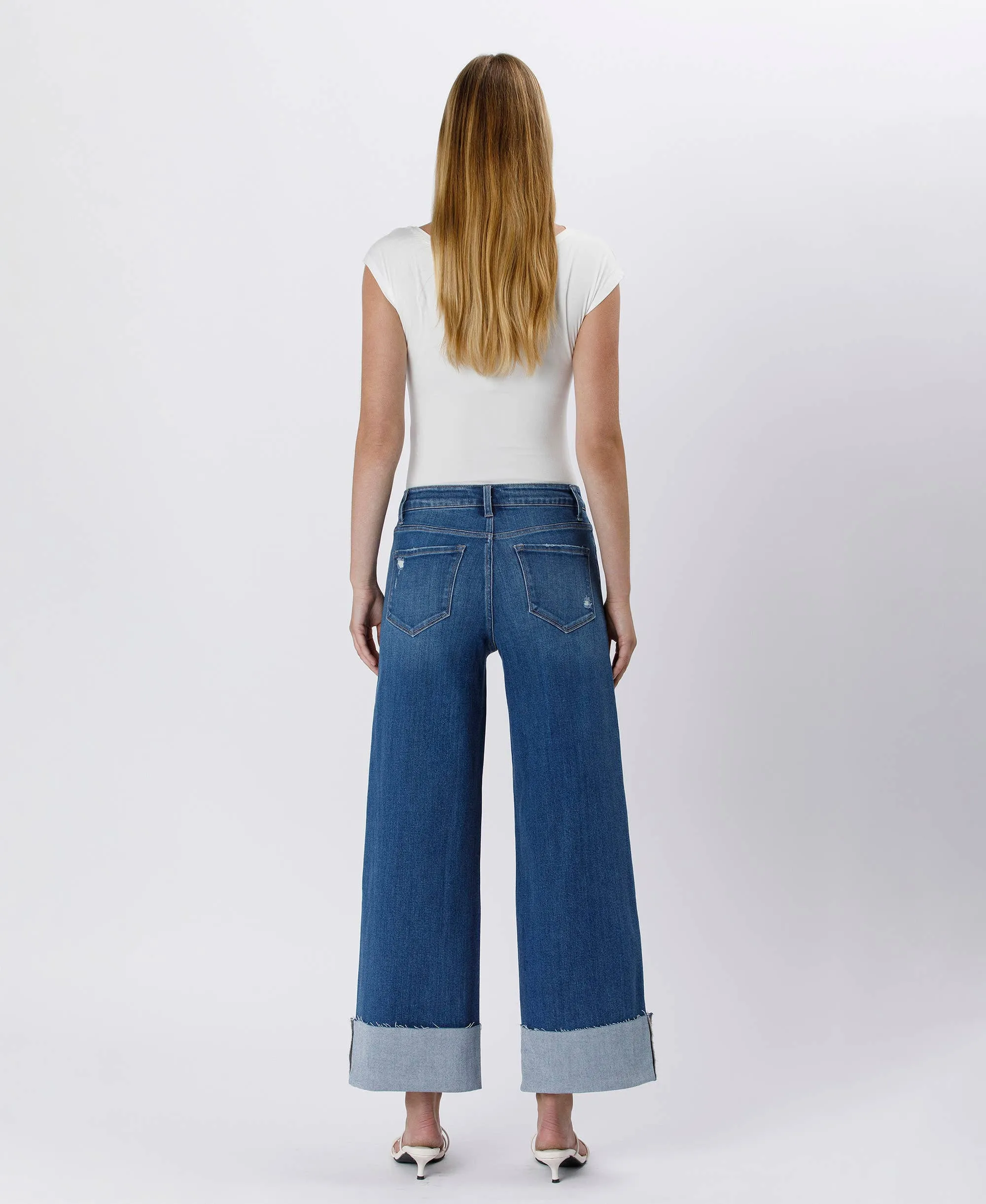High Rise Cuffed Ankle Wide Leg Jeans