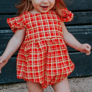 Infant Girl's Red and Gold Tartan Print Christmas Bubble Romper