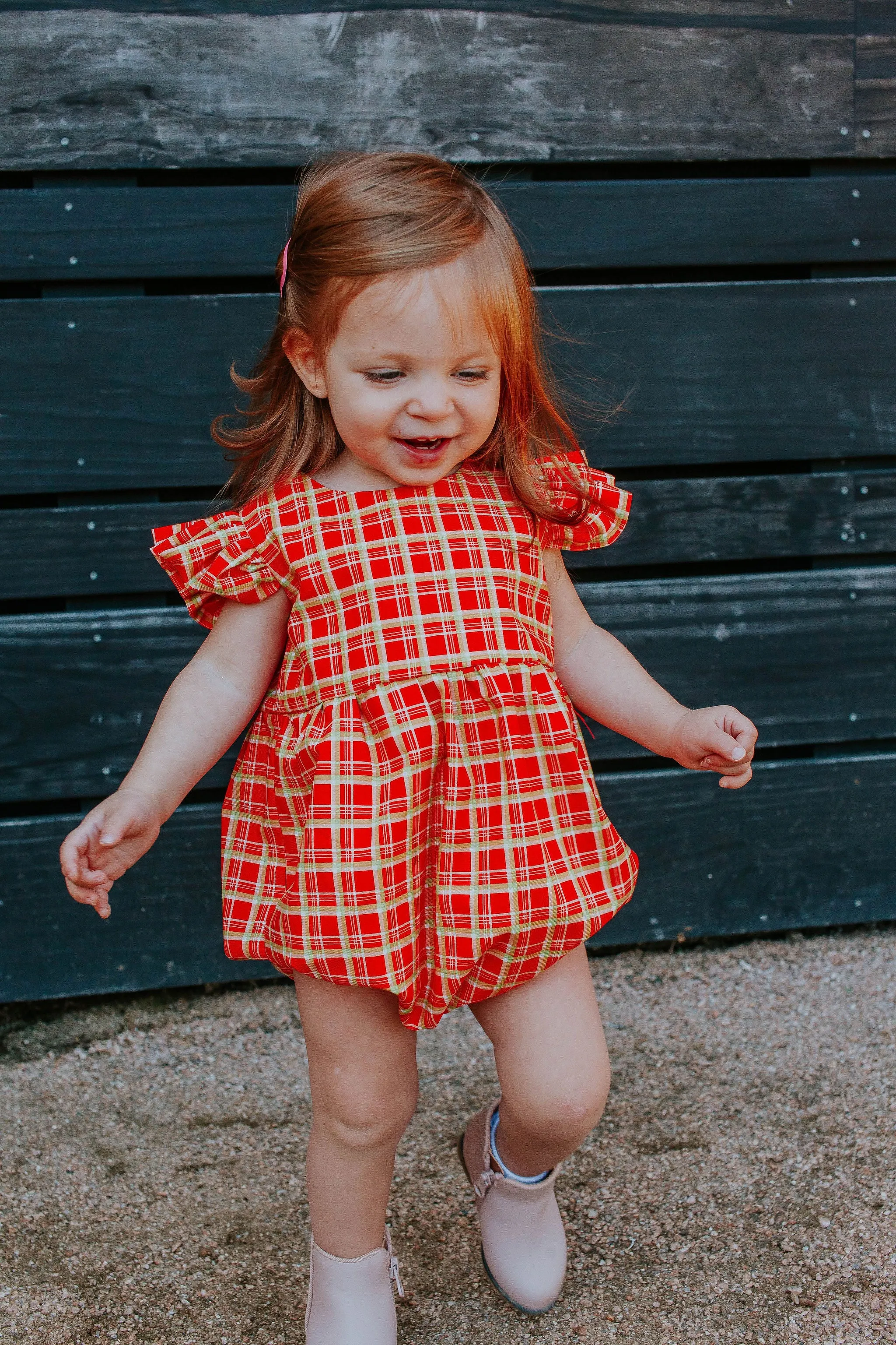 Infant Girl's Red and Gold Tartan Print Christmas Bubble Romper