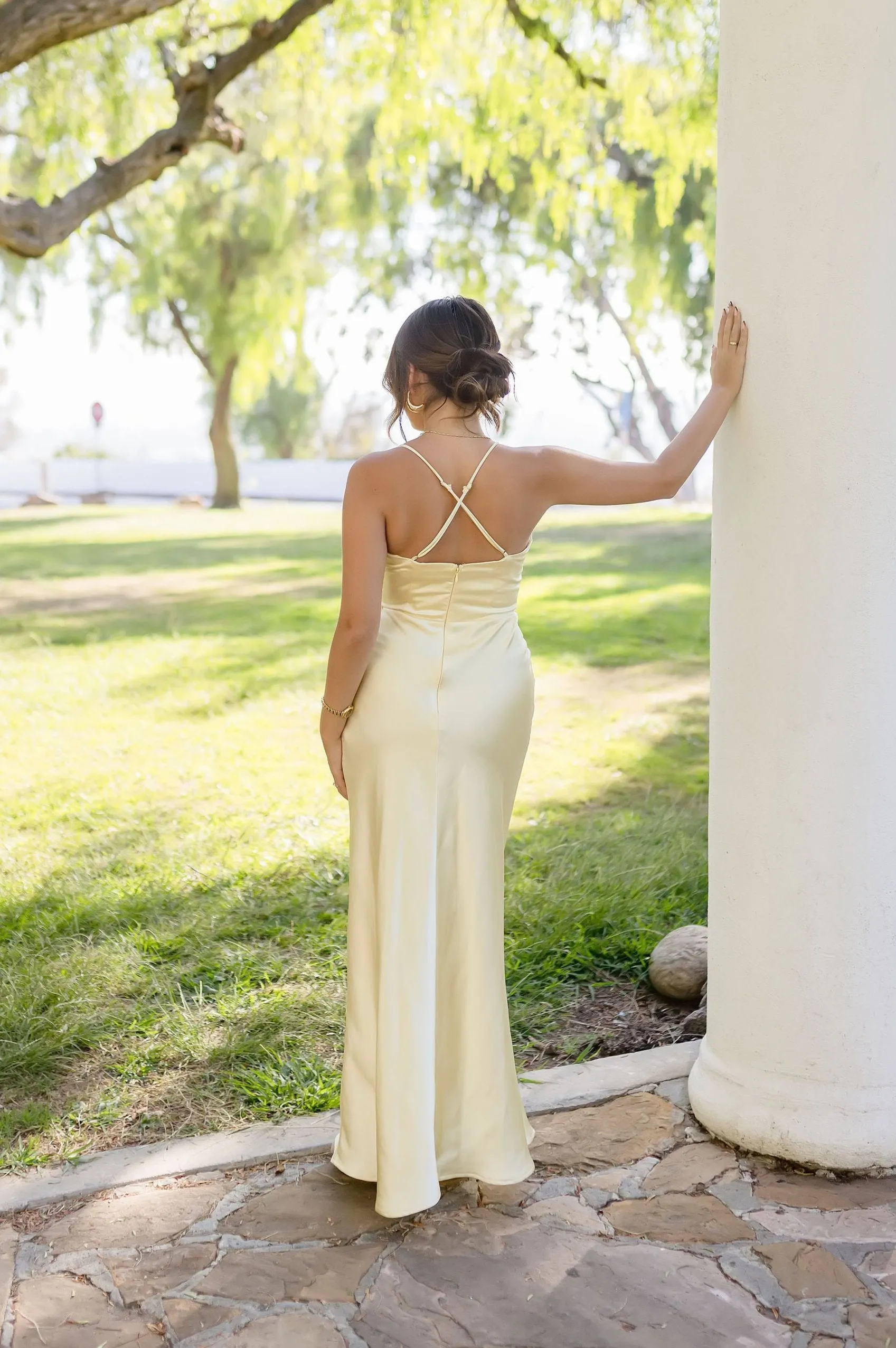 Jen Sleeveless Lace Trim Satin Maxi Dress Yellow