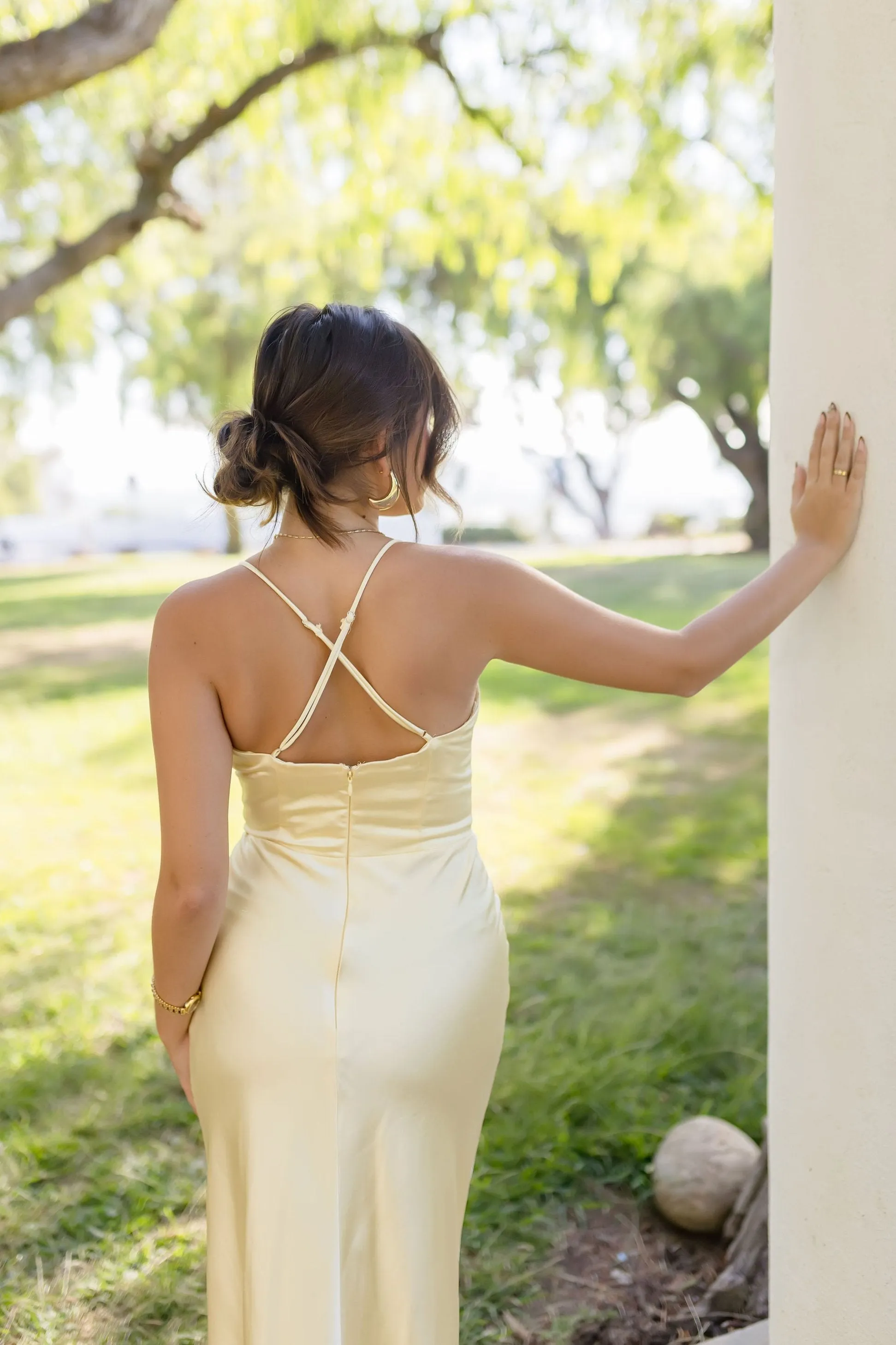 Jen Sleeveless Lace Trim Satin Maxi Dress Yellow