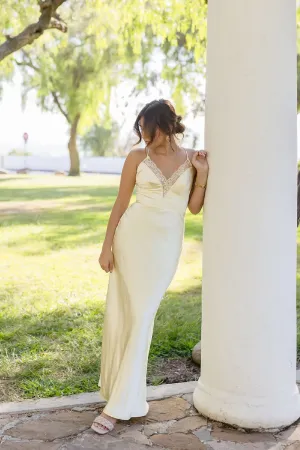 Jen Sleeveless Lace Trim Satin Maxi Dress Yellow
