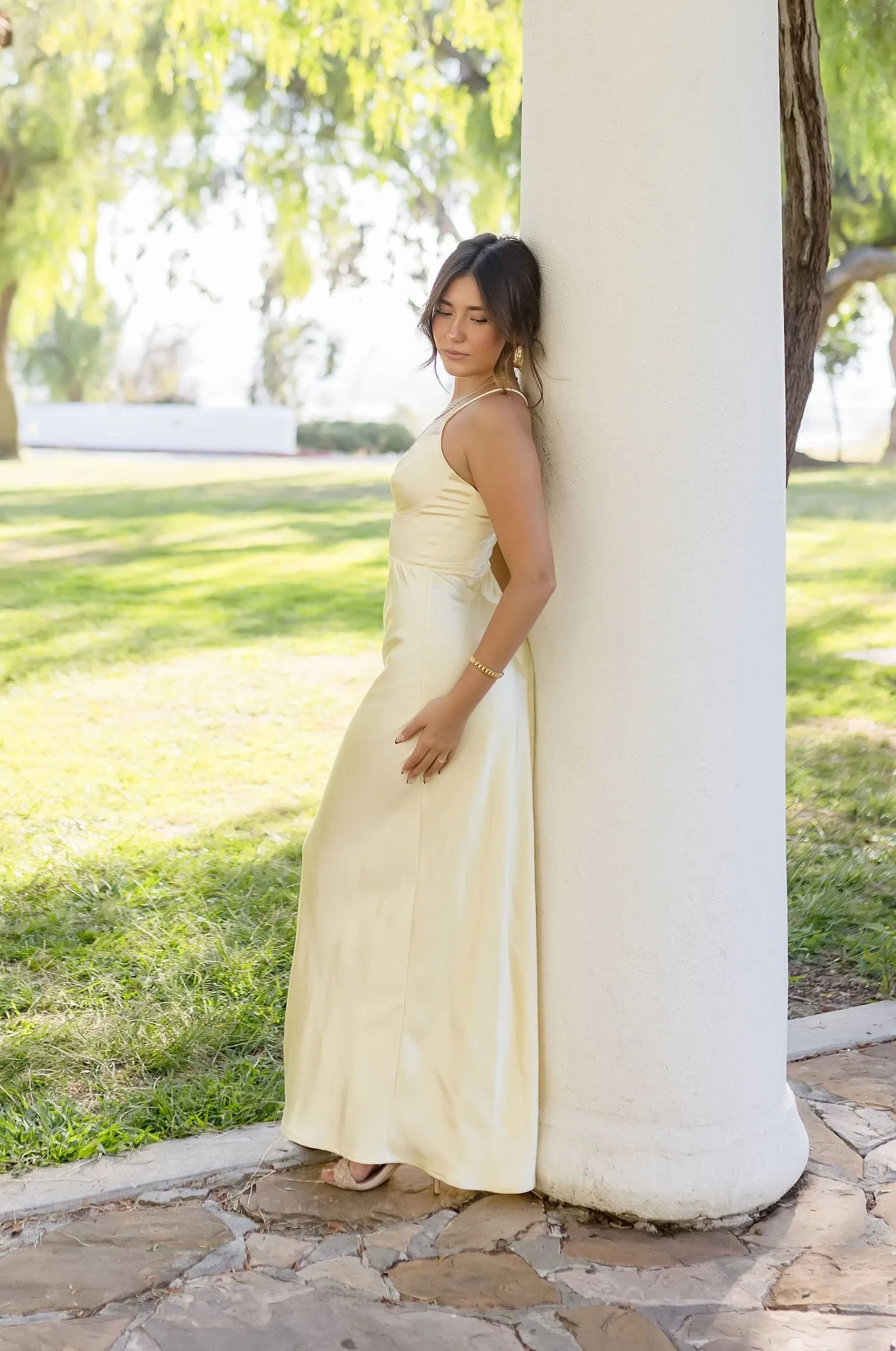 Jen Sleeveless Lace Trim Satin Maxi Dress Yellow