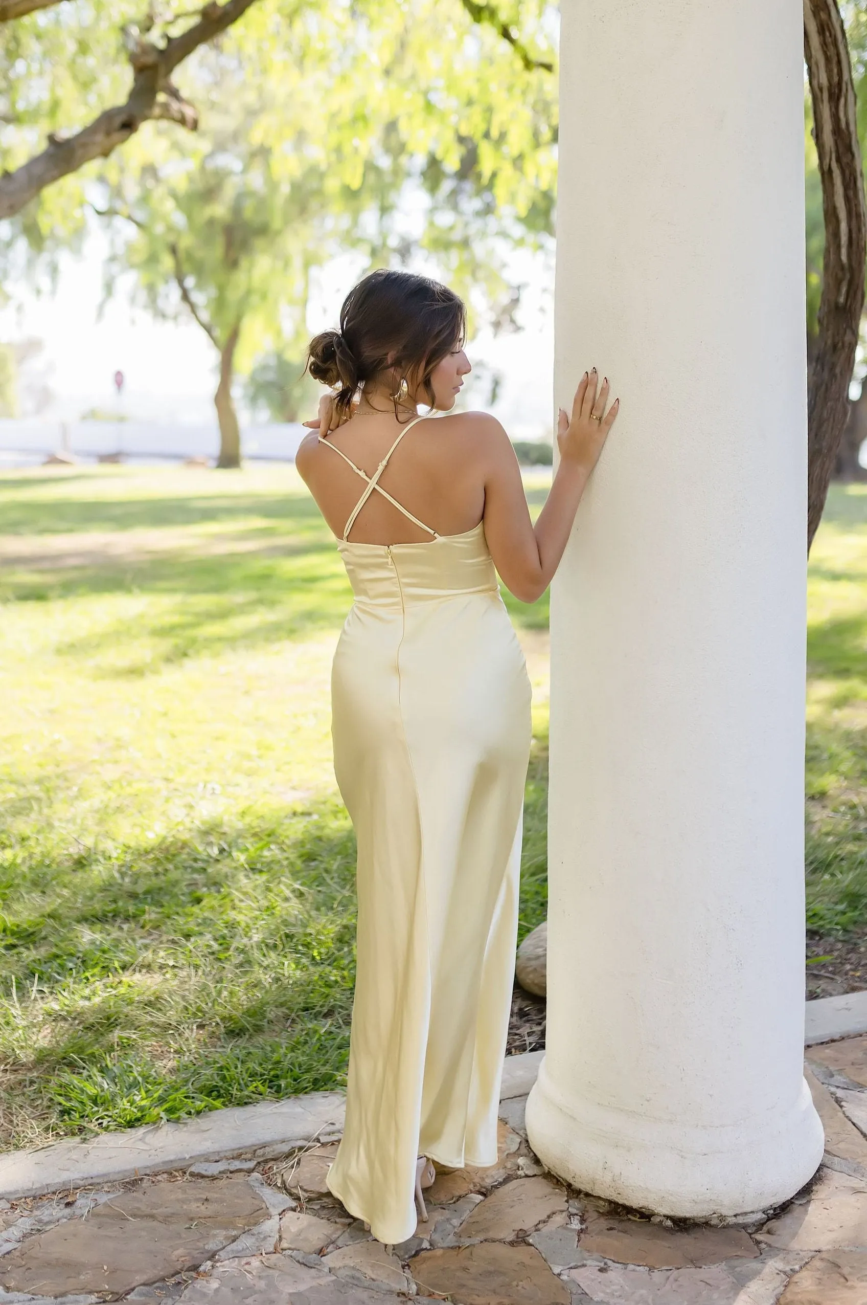 Jen Sleeveless Lace Trim Satin Maxi Dress Yellow