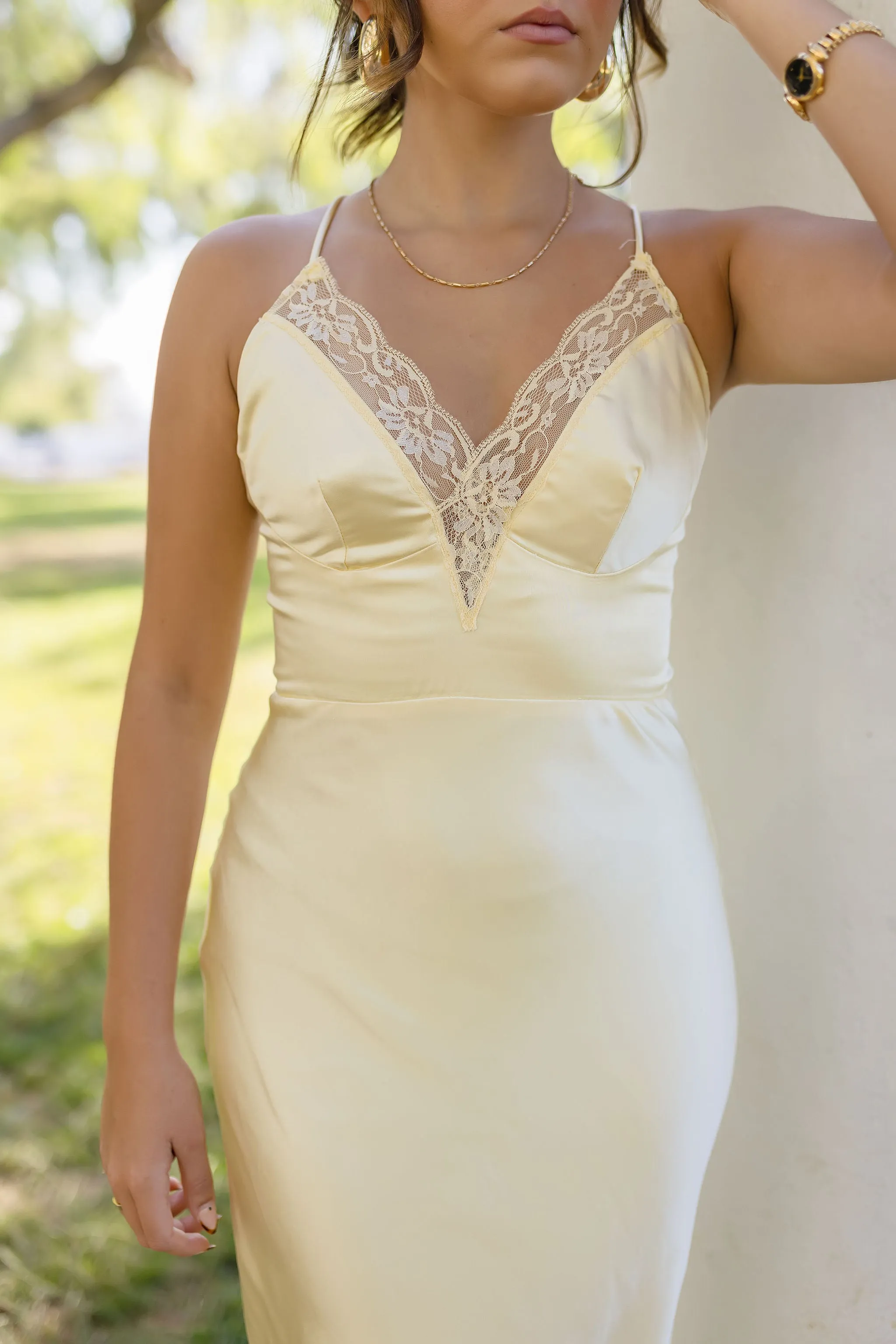 Jen Sleeveless Lace Trim Satin Maxi Dress Yellow