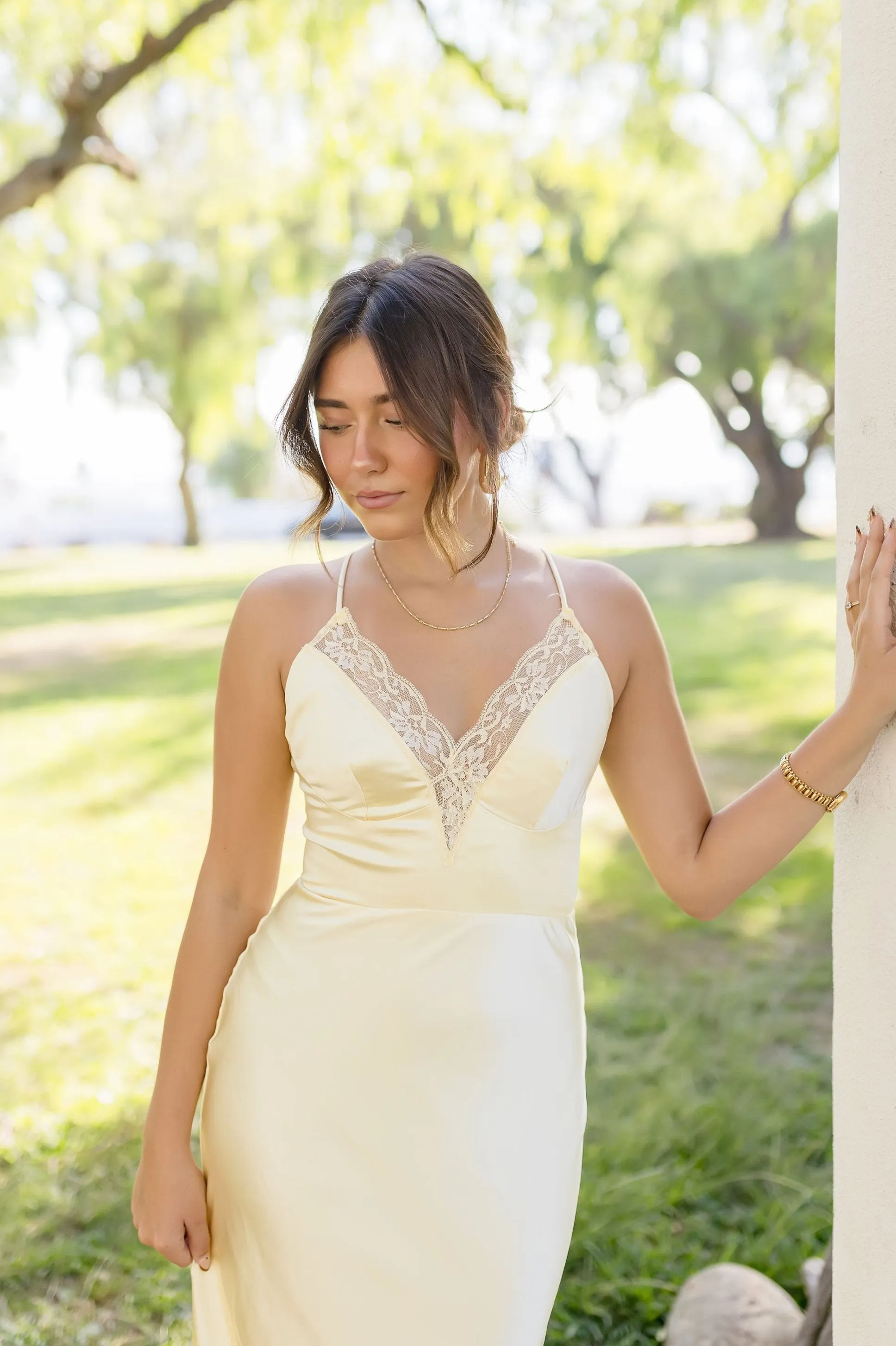 Jen Sleeveless Lace Trim Satin Maxi Dress Yellow