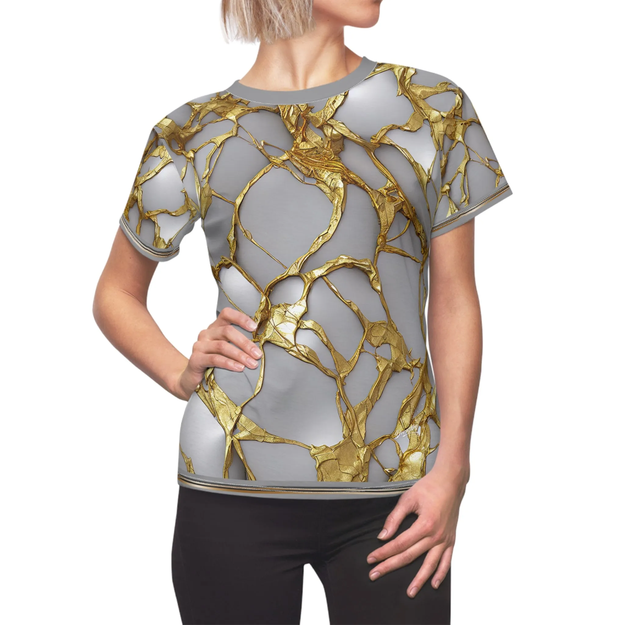 Kintsugi Print T-Shirt Unisex Tee All Over Print Gold Paint T-Shirt Unisex Gold Print Tee | X3344