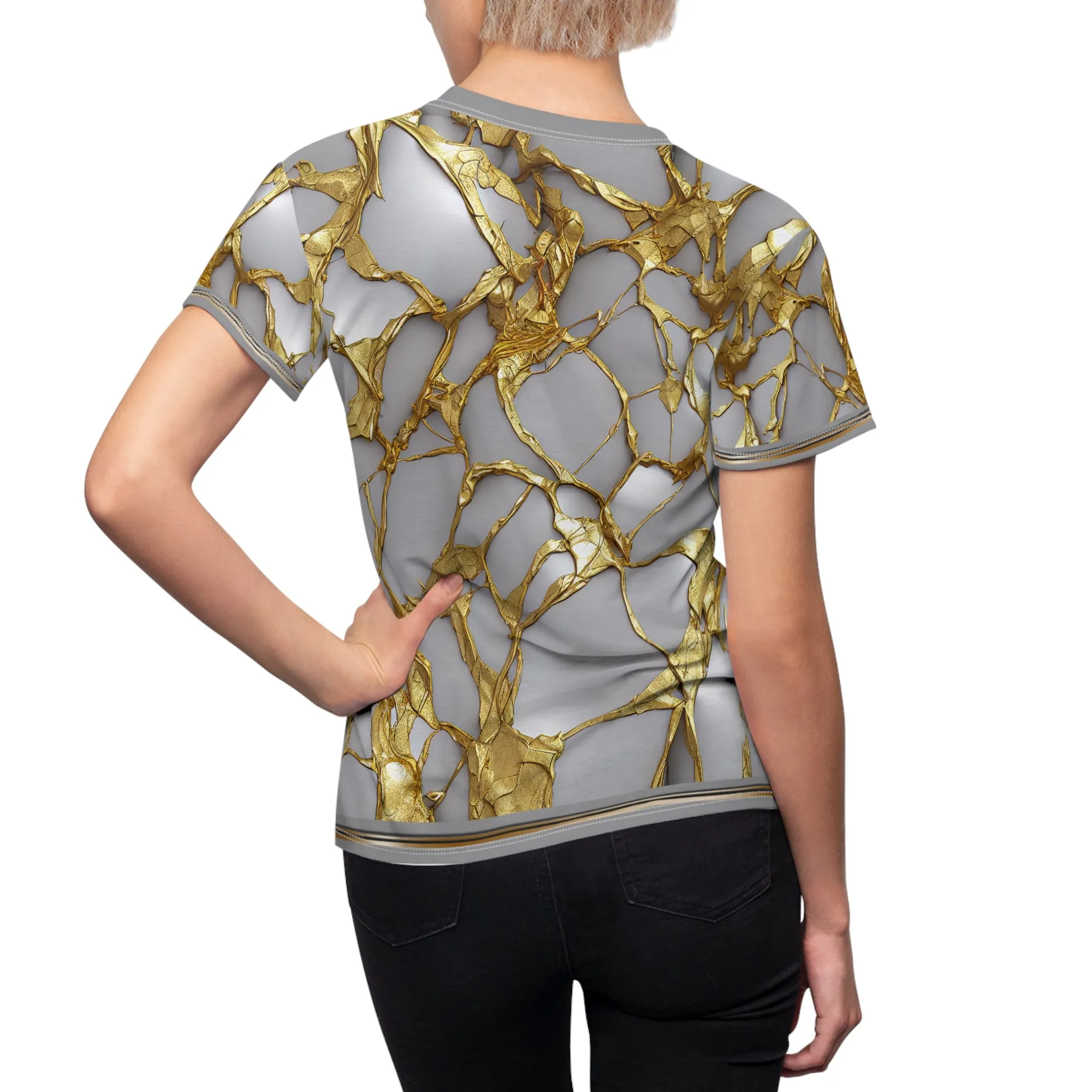 Kintsugi Print T-Shirt Unisex Tee All Over Print Gold Paint T-Shirt Unisex Gold Print Tee | X3344