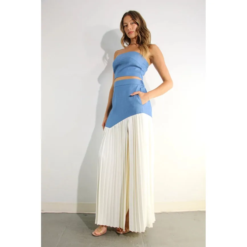 Light Denim Top and Pleated Slit Skirt Set LIGHT DENIM