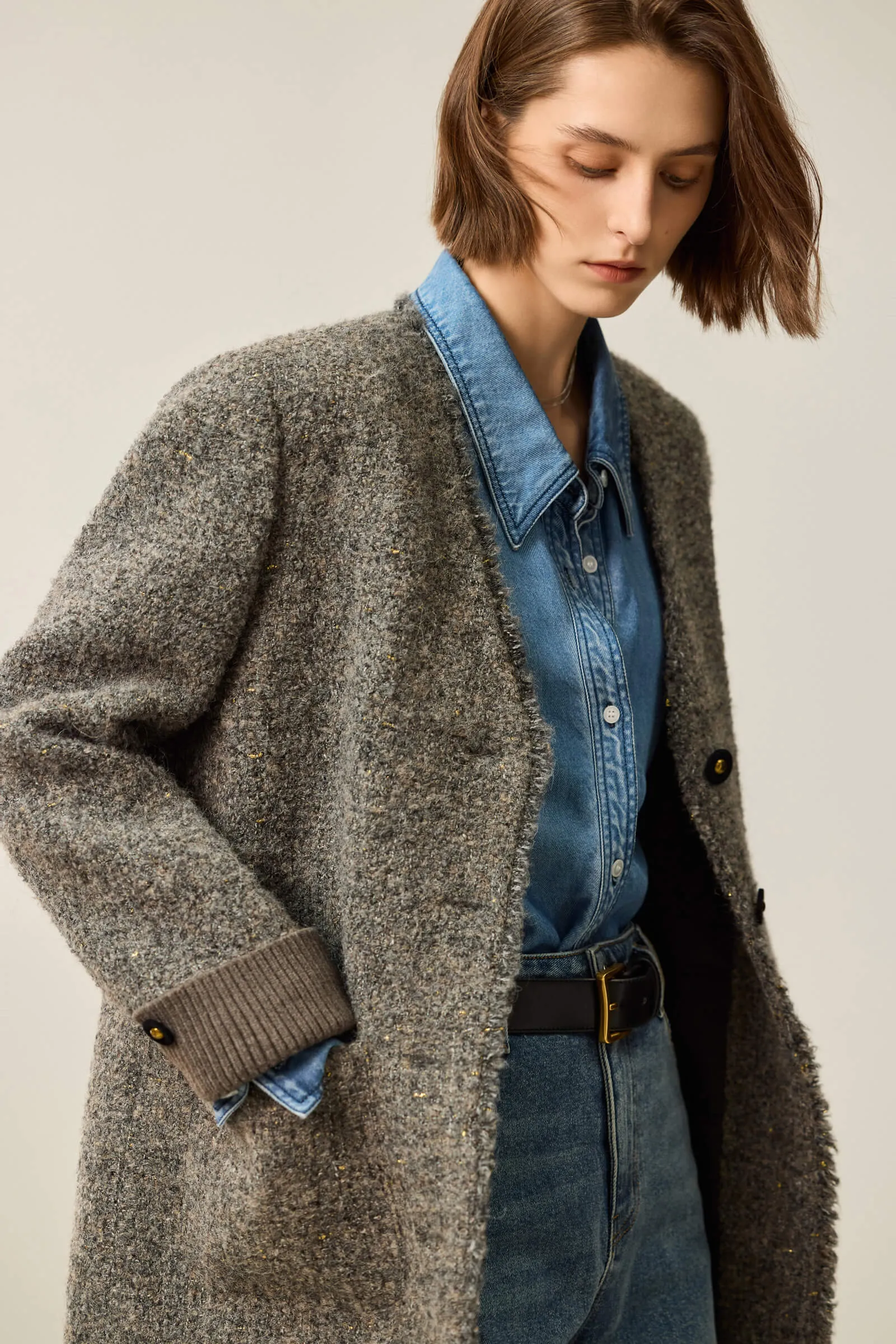 LILY Luxe Gold-Tweed V-Neck Wool Coat