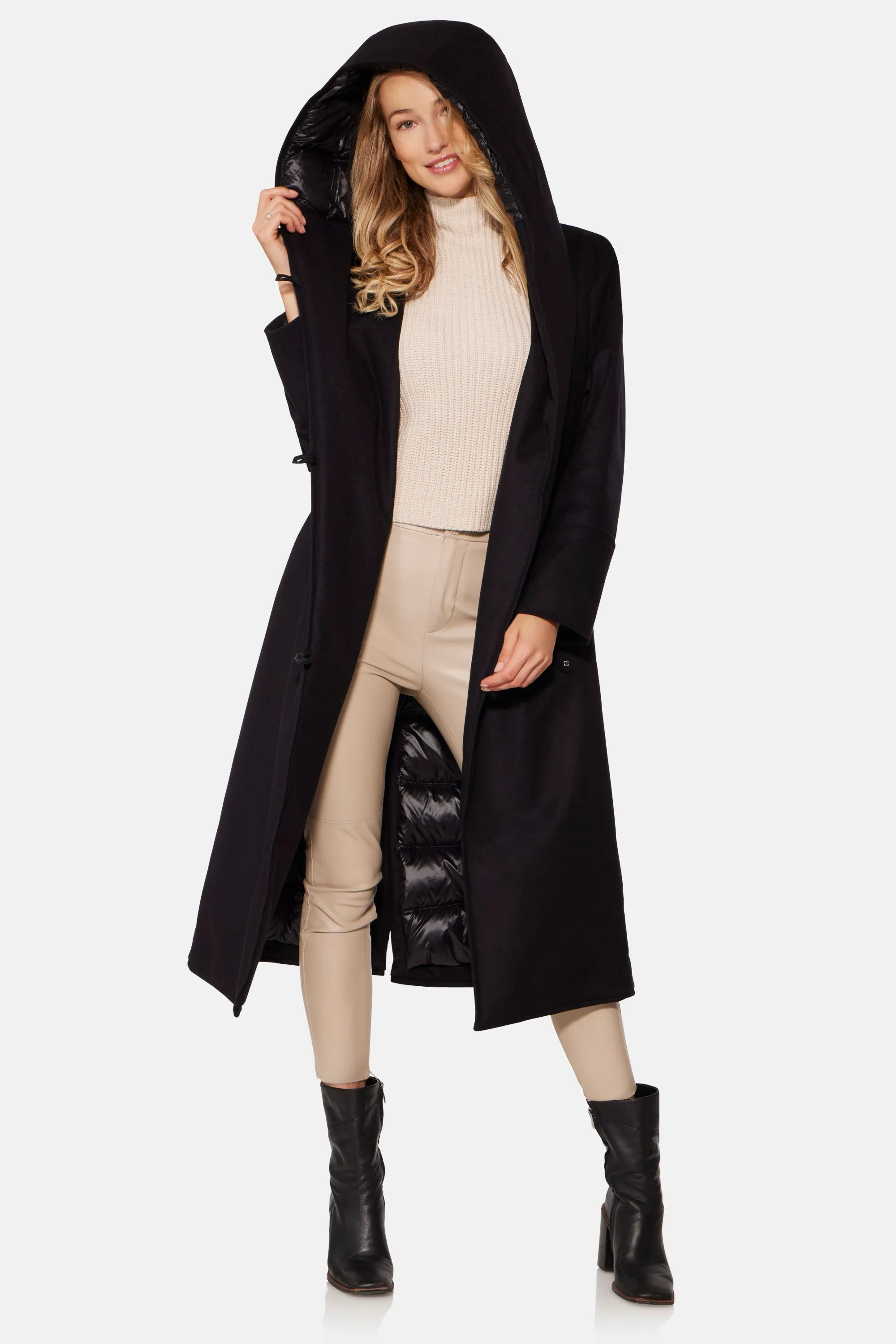 Long Hooded Wrap Coat, Black