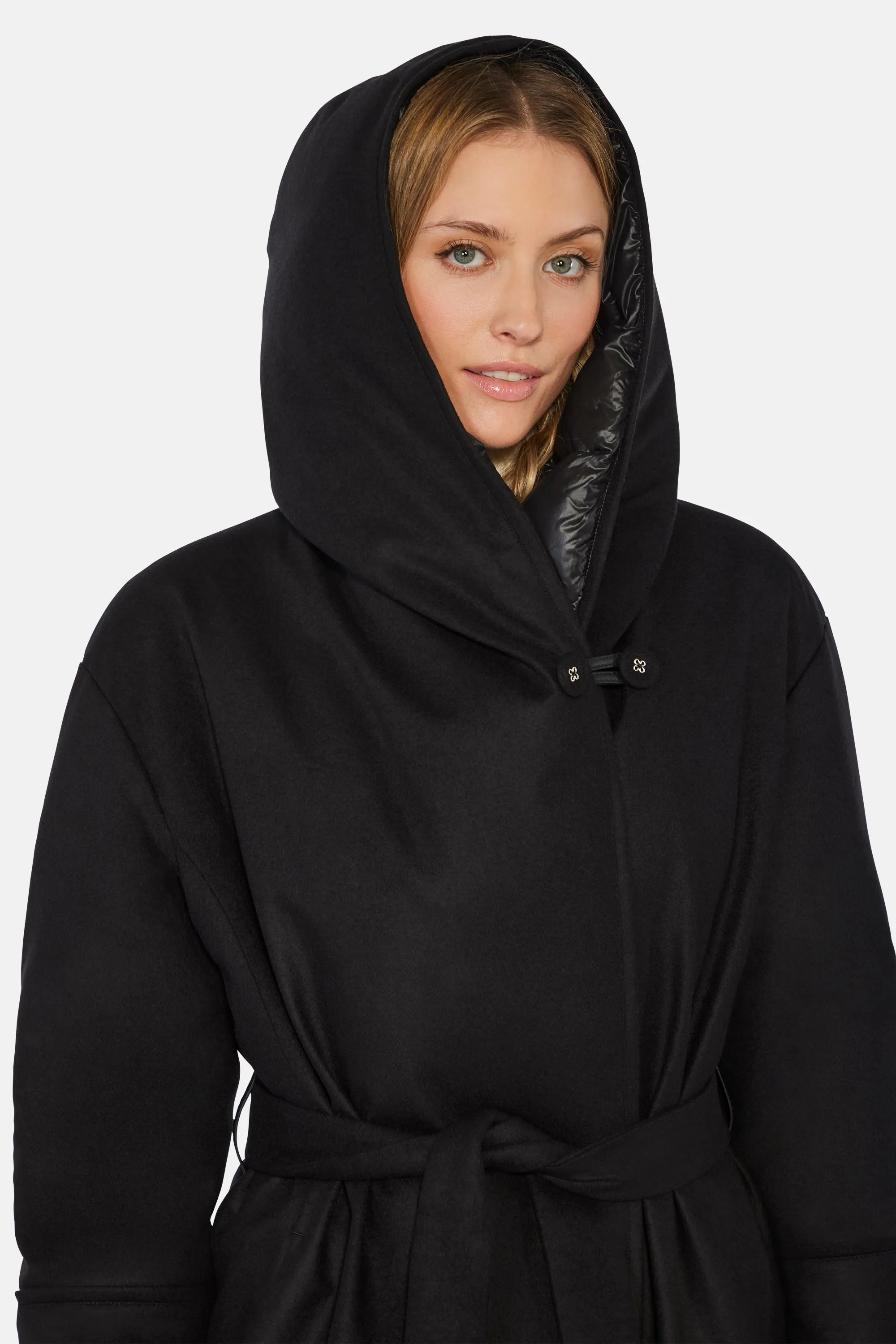Long Hooded Wrap Coat, Black