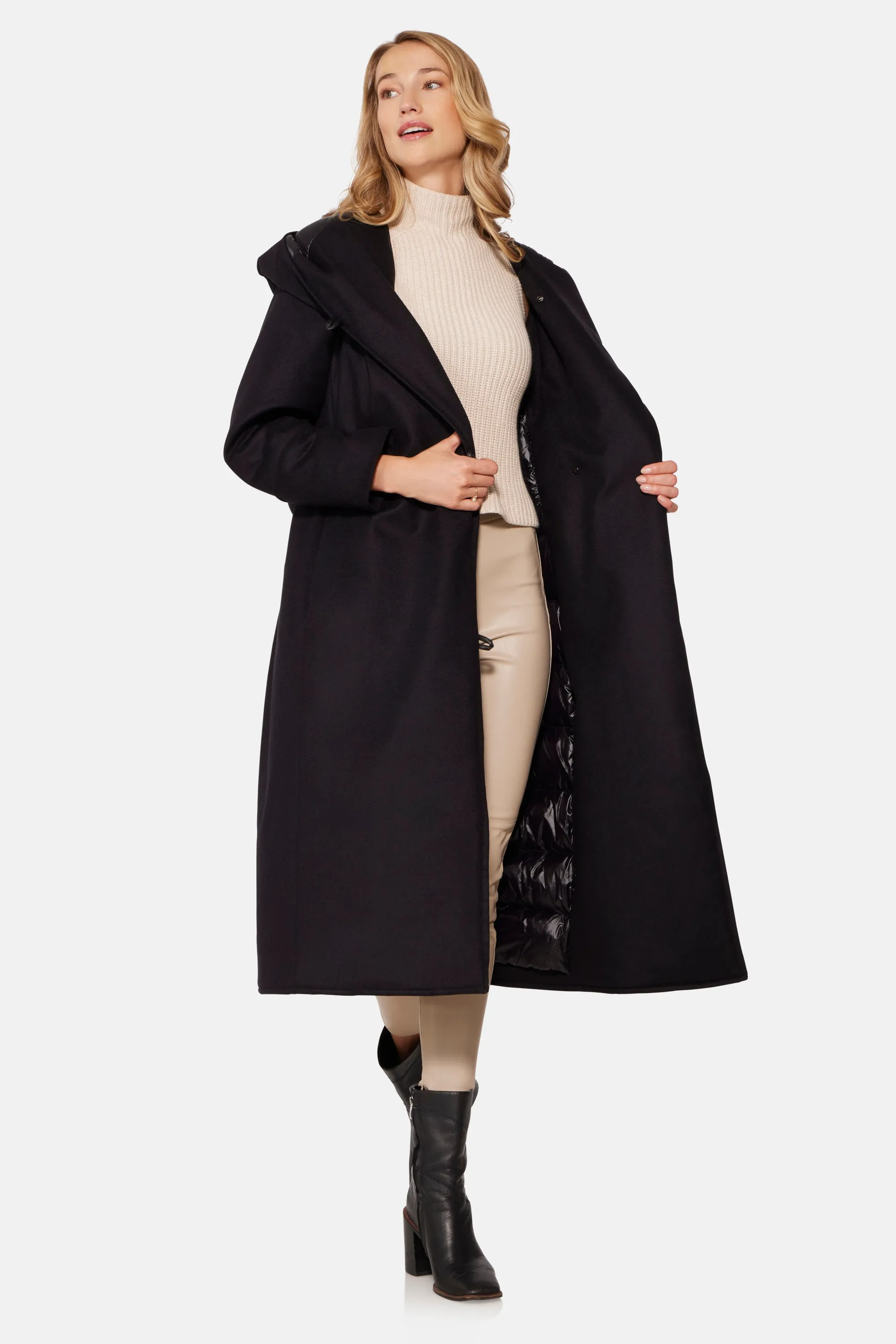 Long Hooded Wrap Coat, Black
