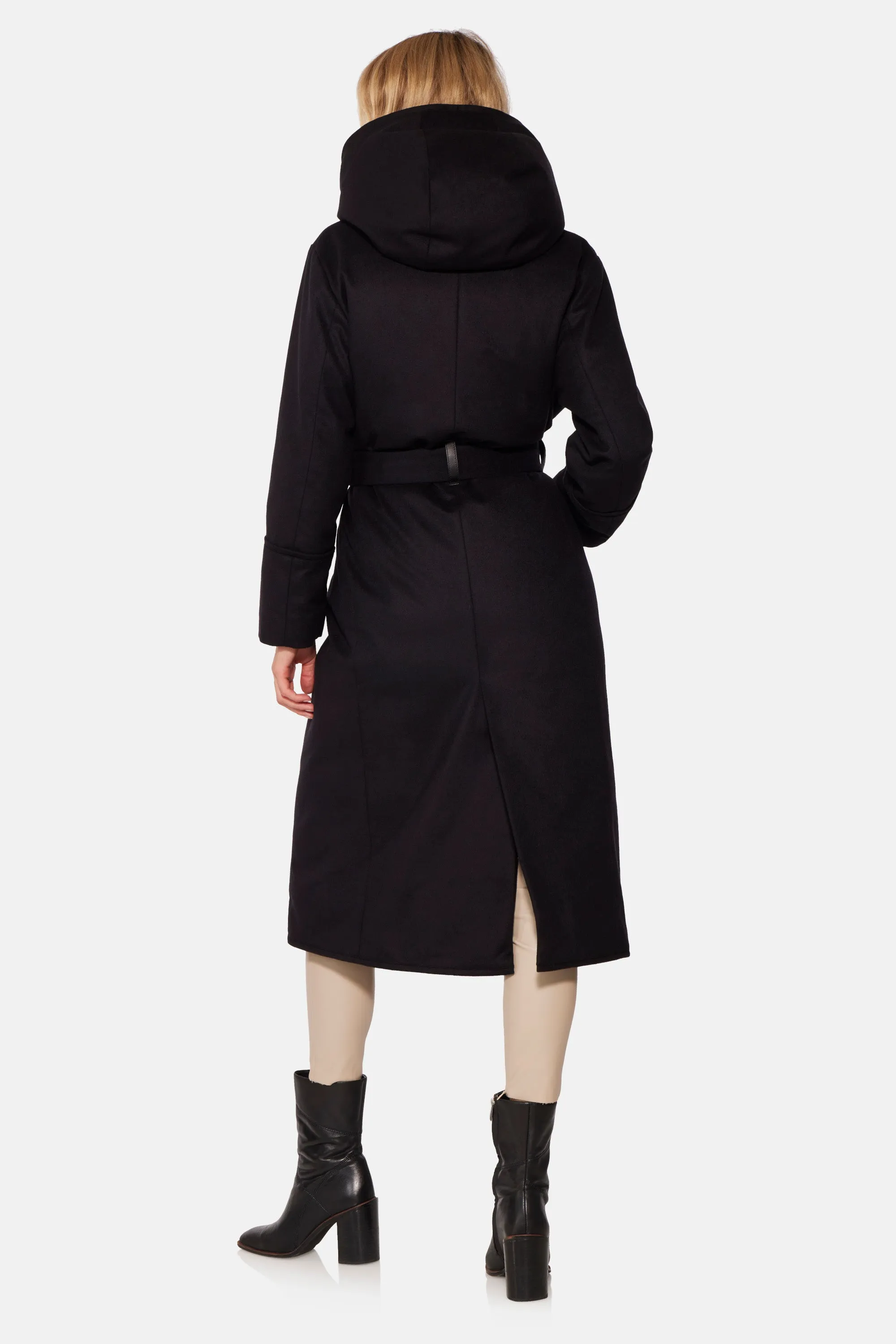 Long Hooded Wrap Coat, Black