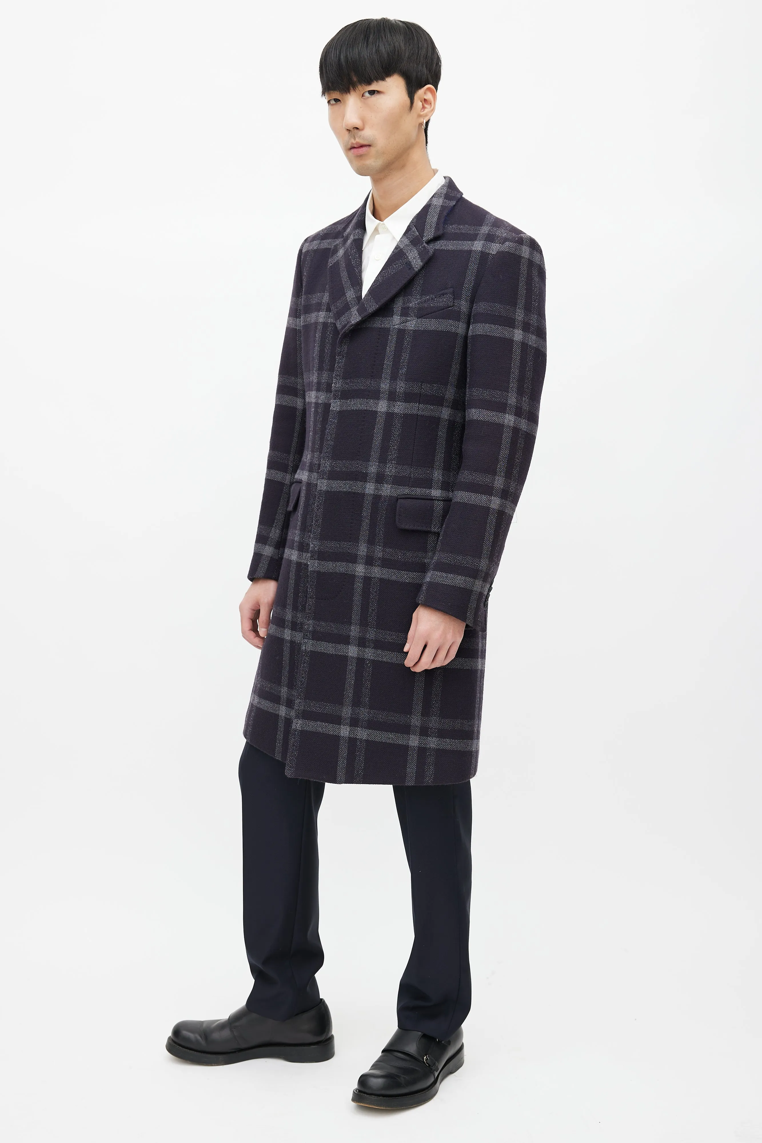 Navy & Grey Wool Plaid Coat