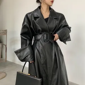 Oversized Leather Trench Coat with Drop-Shoulder Sleeves and Belt Closure