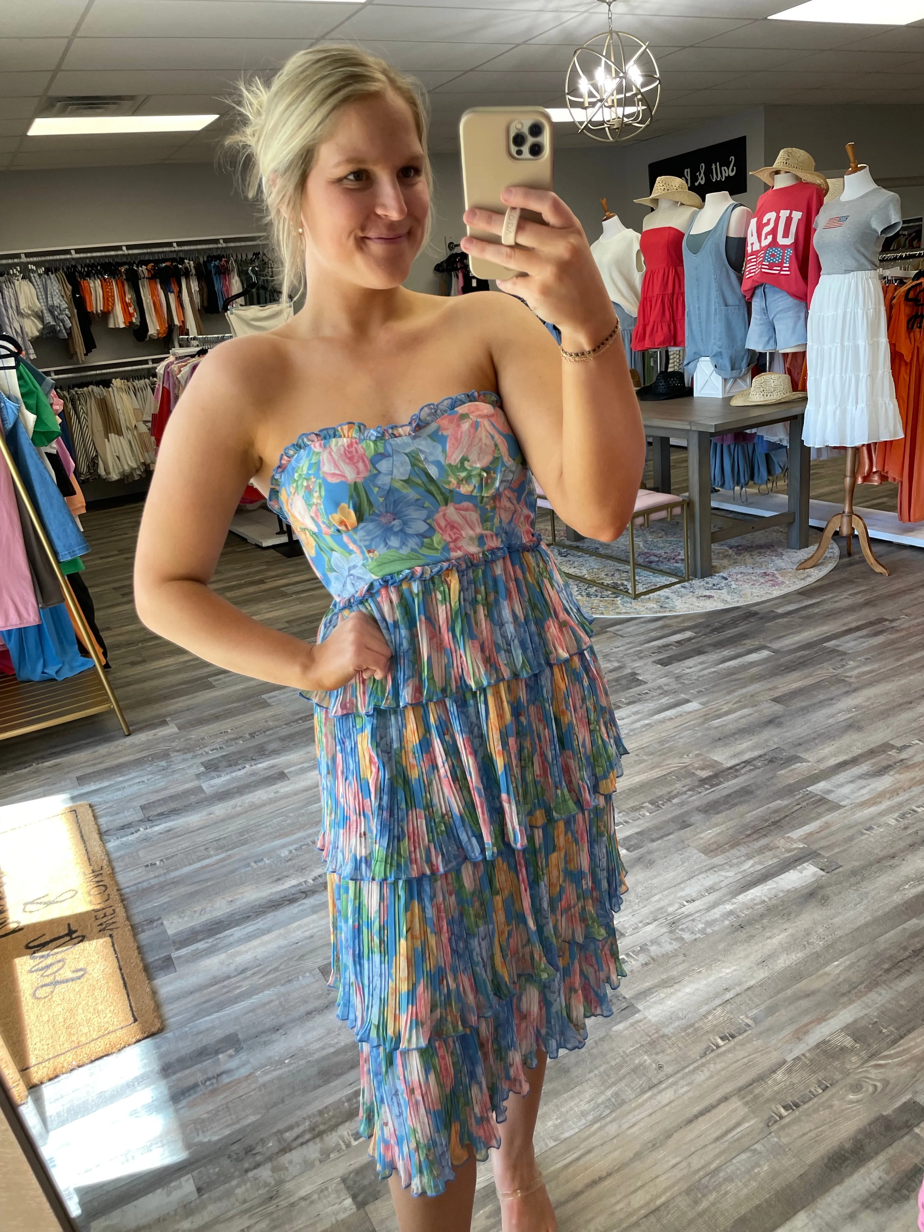 Pleated Strapless Floral Dress - Blue