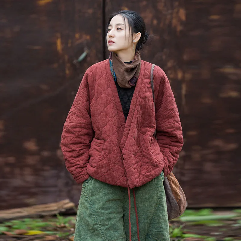 Retro Loose-Fit V-Neck Cotton and Linen Women's Winter Coat