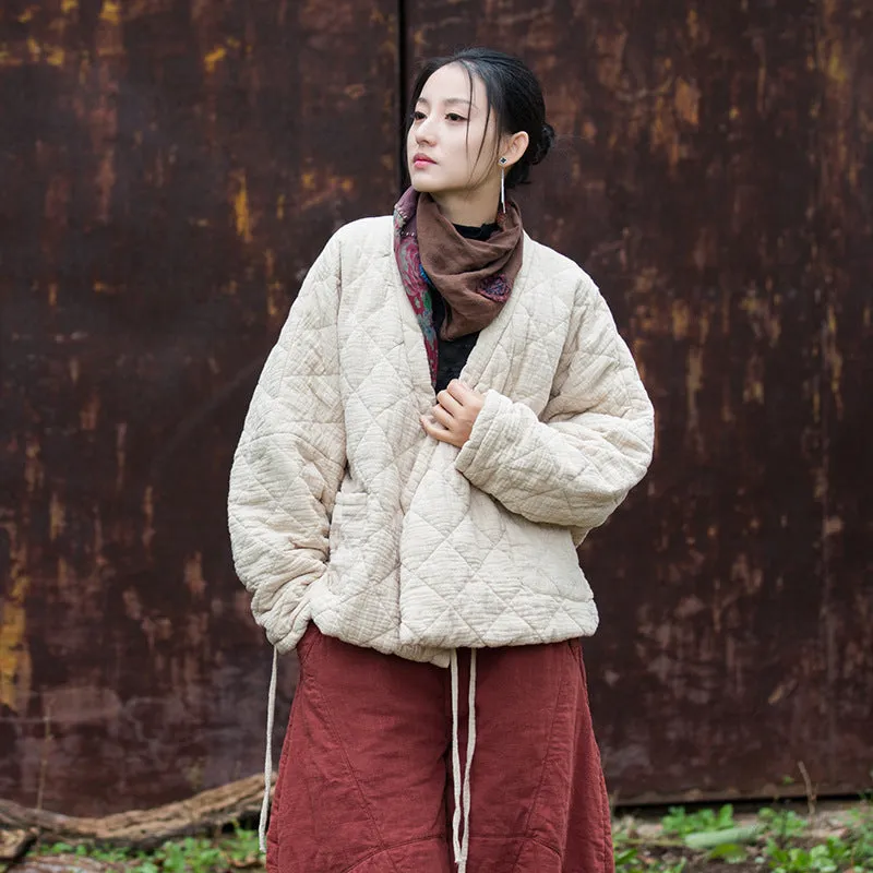 Retro Loose-Fit V-Neck Cotton and Linen Women's Winter Coat