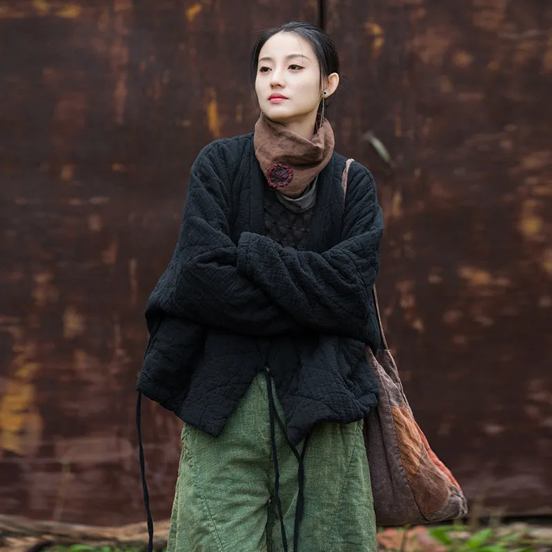 Retro Loose-Fit V-Neck Cotton and Linen Women's Winter Coat
