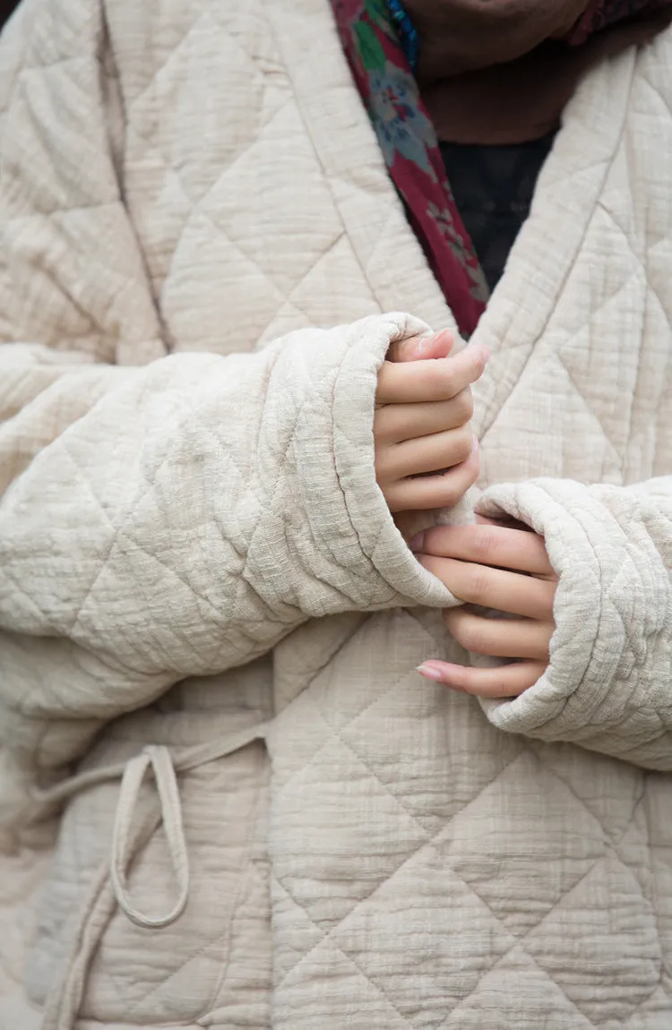 Retro Loose-Fit V-Neck Cotton and Linen Women's Winter Coat