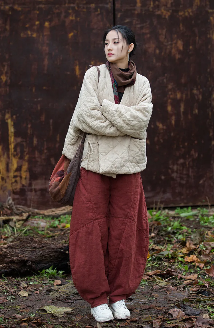 Retro Loose-Fit V-Neck Cotton and Linen Women's Winter Coat