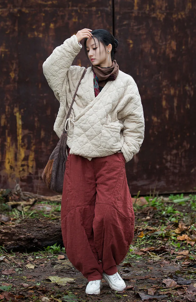 Retro Loose-Fit V-Neck Cotton and Linen Women's Winter Coat