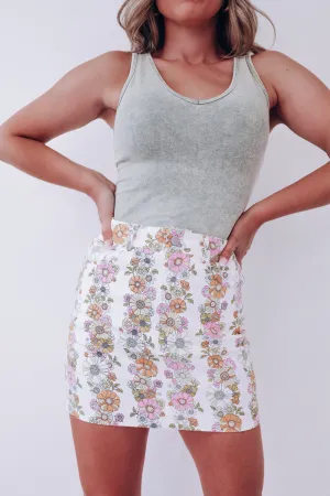 Rhythmic Floral Denim Skirt - Ivory Multi