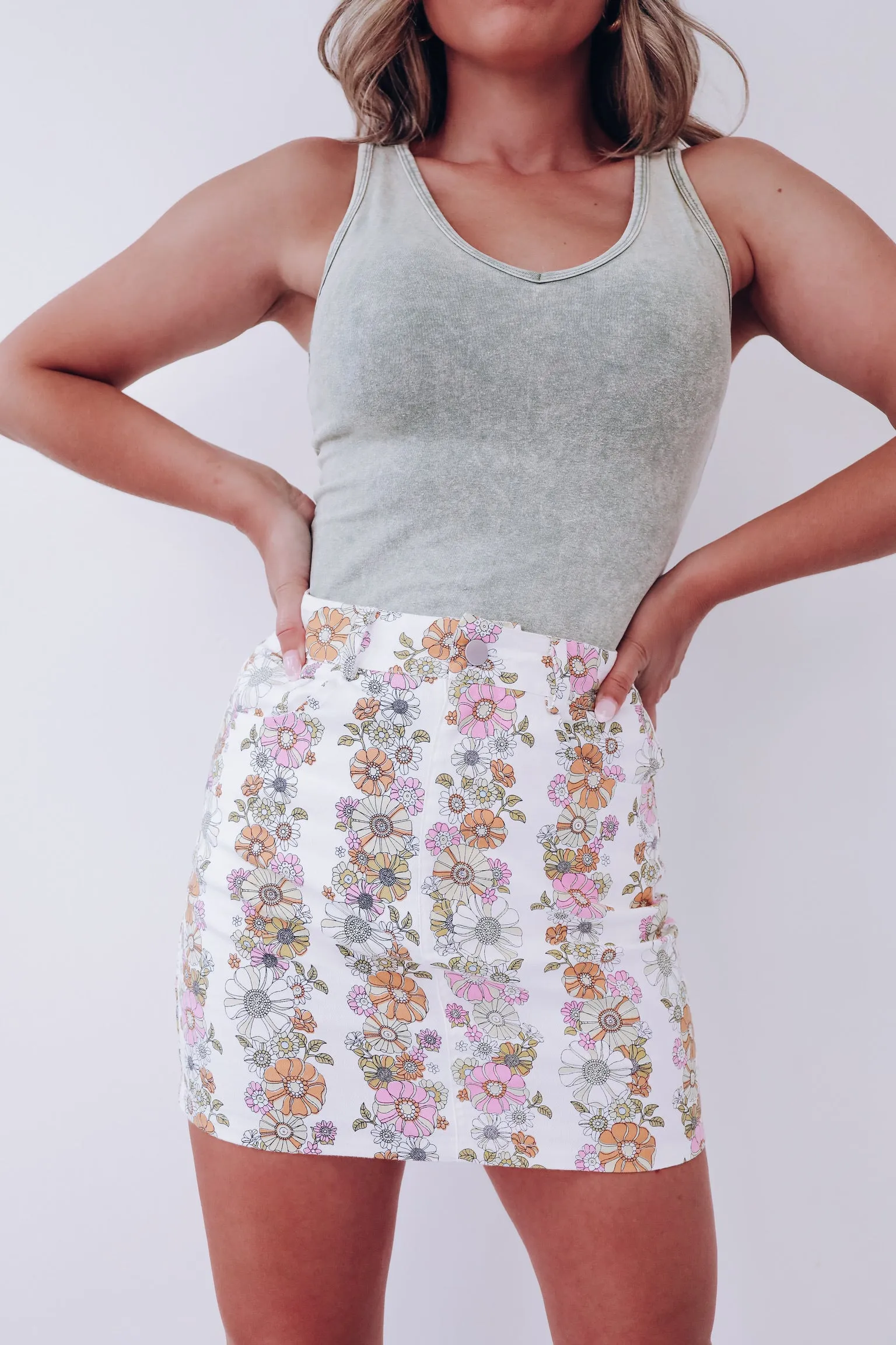 Rhythmic Floral Denim Skirt - Ivory Multi