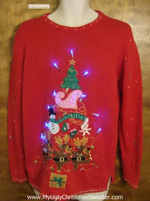 Riendeer Friends Pyramid Tree Light Up Ugly Xmas Sweater