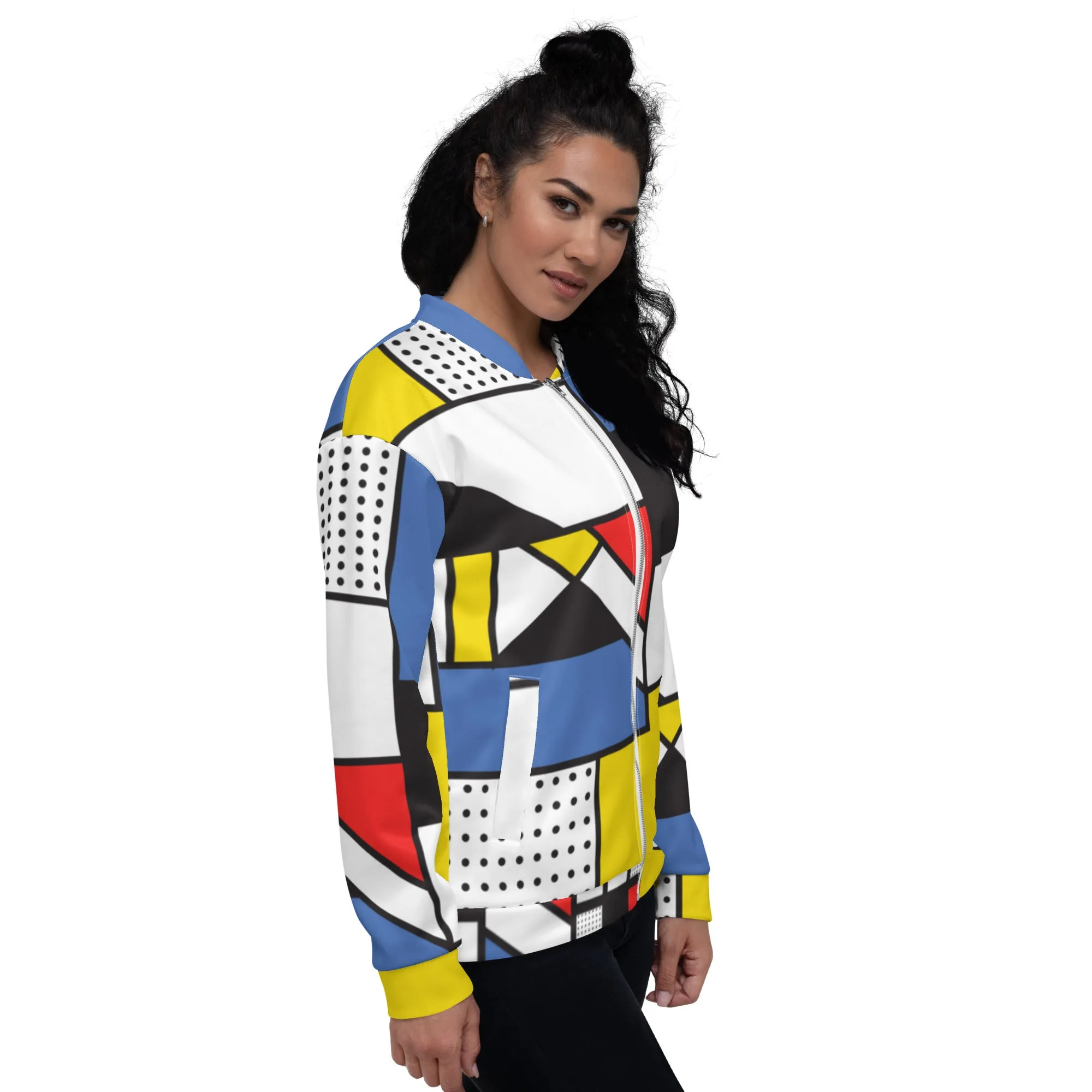 Unisex Bomber Jacket with Piet Mondrian design, sourced Vecteezy.com