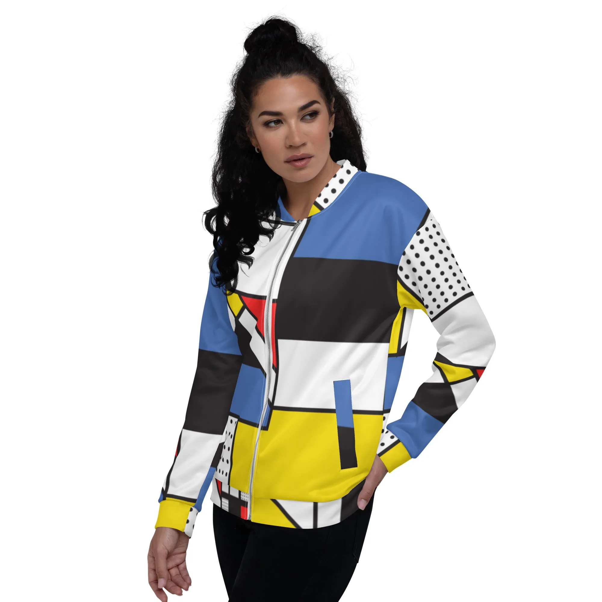 Unisex Bomber Jacket with Piet Mondrian design, sourced Vecteezy.com