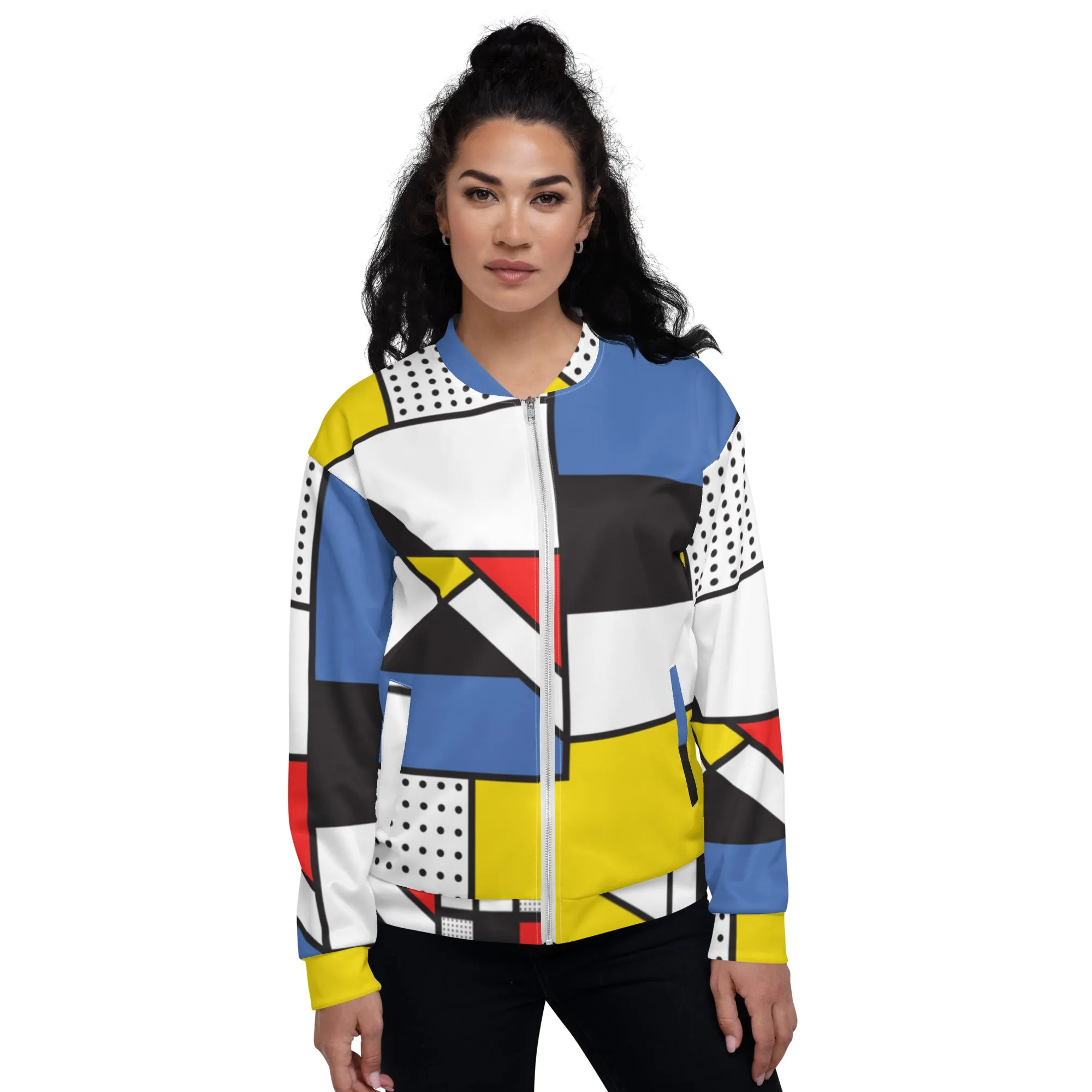 Unisex Bomber Jacket with Piet Mondrian design, sourced Vecteezy.com