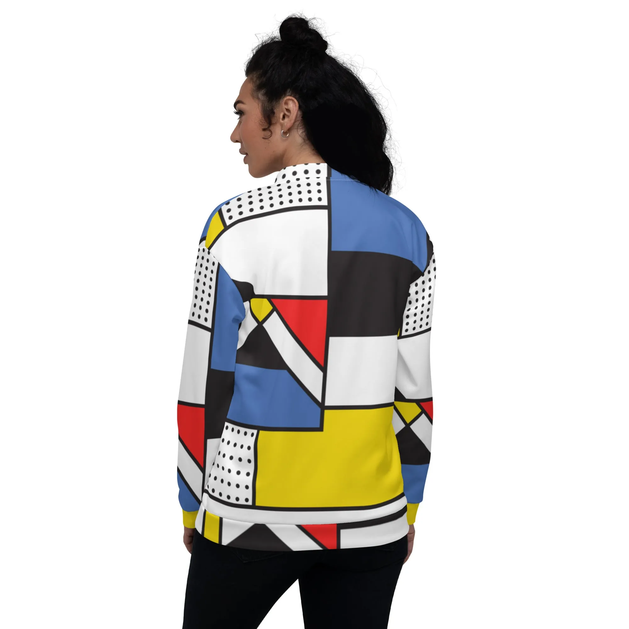 Unisex Bomber Jacket with Piet Mondrian design, sourced Vecteezy.com