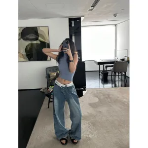 Uniwim y2k outfits American Retro Jeans Design Waist Head Flanging Loose Wide-Leg Pants Simple Casual Straight Pants Ins