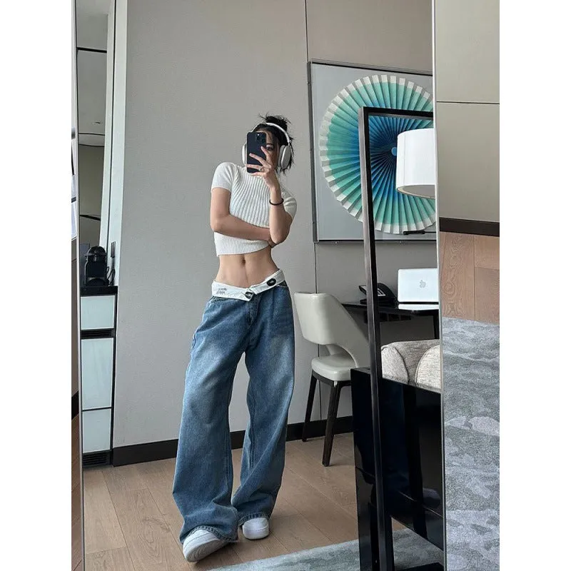Uniwim y2k outfits American Retro Jeans Design Waist Head Flanging Loose Wide-Leg Pants Simple Casual Straight Pants Ins