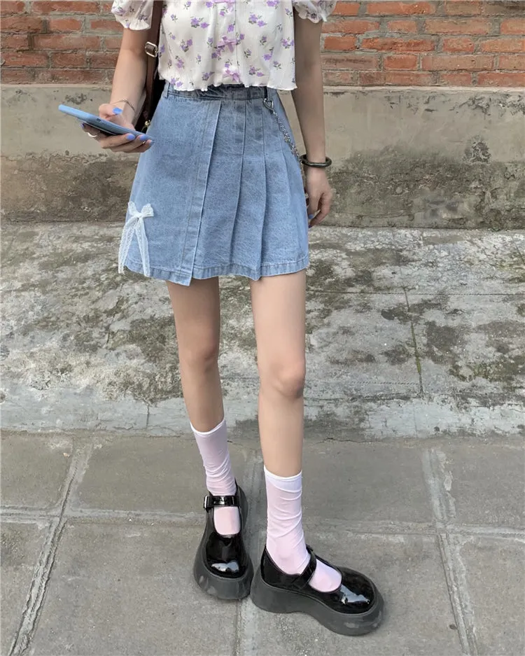 White Ribbon High Waist Pleated Denim Mini Skirt