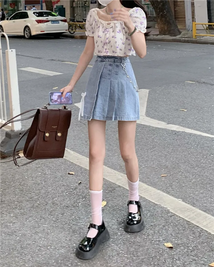 White Ribbon High Waist Pleated Denim Mini Skirt