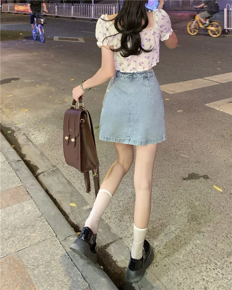 White Ribbon High Waist Pleated Denim Mini Skirt